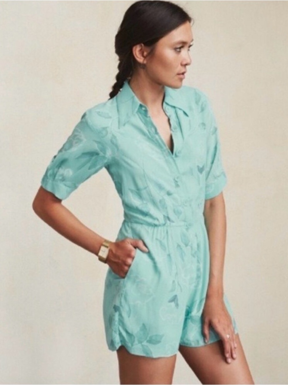 Reformation Gully Baja Teal Floral Button-Front Romper